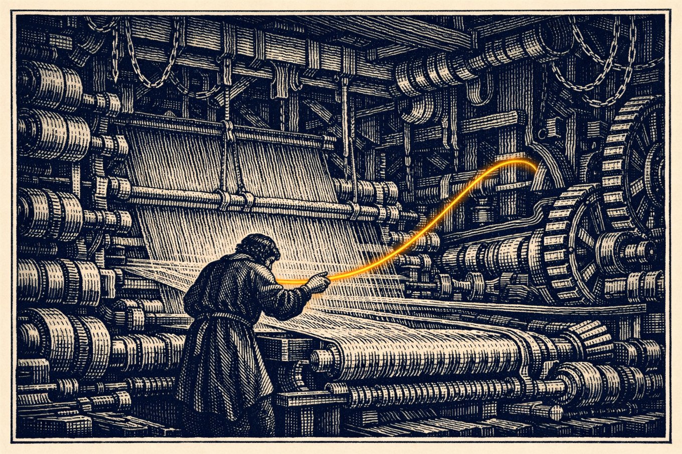 Wood-engraving illustration of a weaver guiding a single amber thread through a vast mechanical loom, symbolising using AI as a tool while keeping human judgment in PR