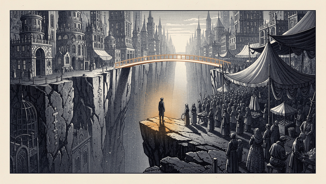 Wood-engraving illustration of a figure between an enterprise city and a marketplace crowd joined by a single amber bridge, symbolising the difference between B2B and B2C public relations