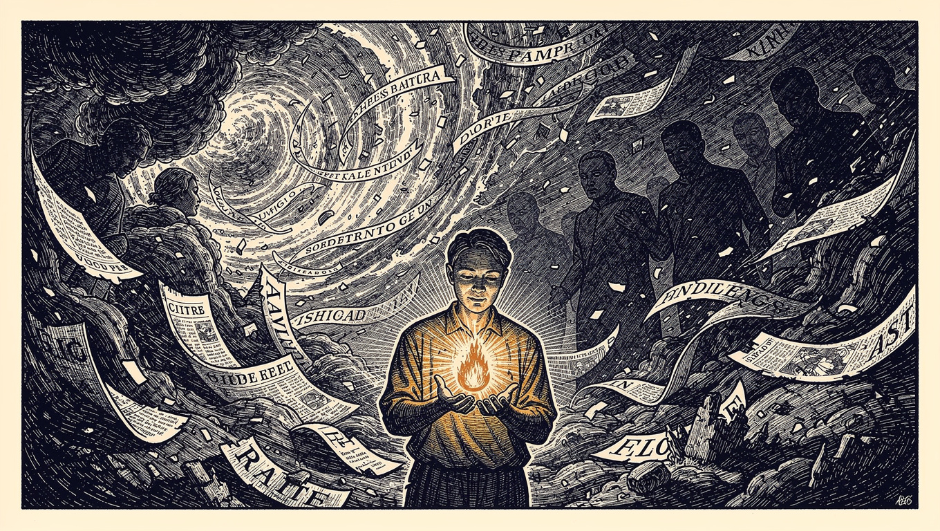 Wood-engraving illustration of a figure shielding a small amber flame amid a swirling storm of torn newspaper and shadowy silhouettes, symbolising protecting brand truth from AI-amplified misinformation