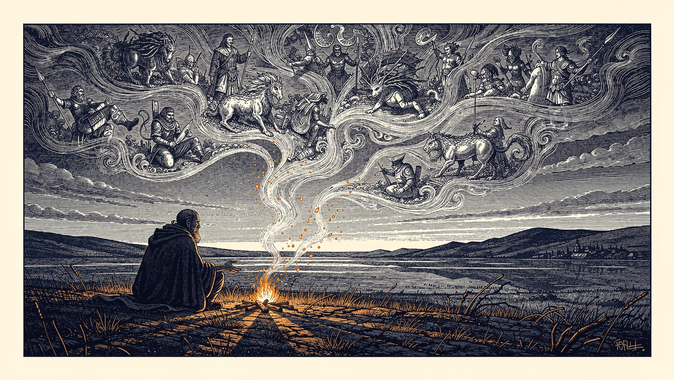 Wood-engraving illustration of a storyteller beside an amber fire whose embers and smoke rise into scenes filling the sky, symbolising how brand storytelling builds trust