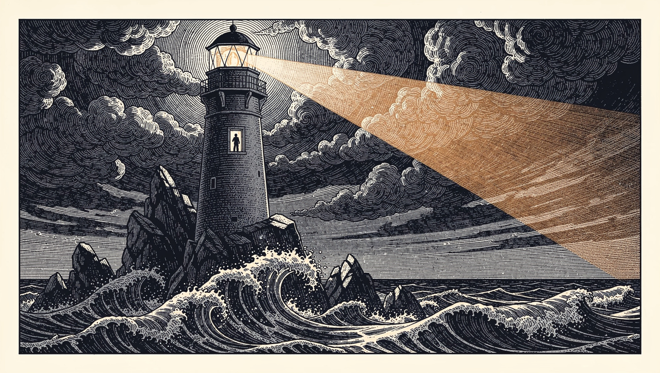 Wood-engraving illustration of a lighthouse casting one steady amber beam through a monstrous storm, symbolising the need for a crisis communication plan