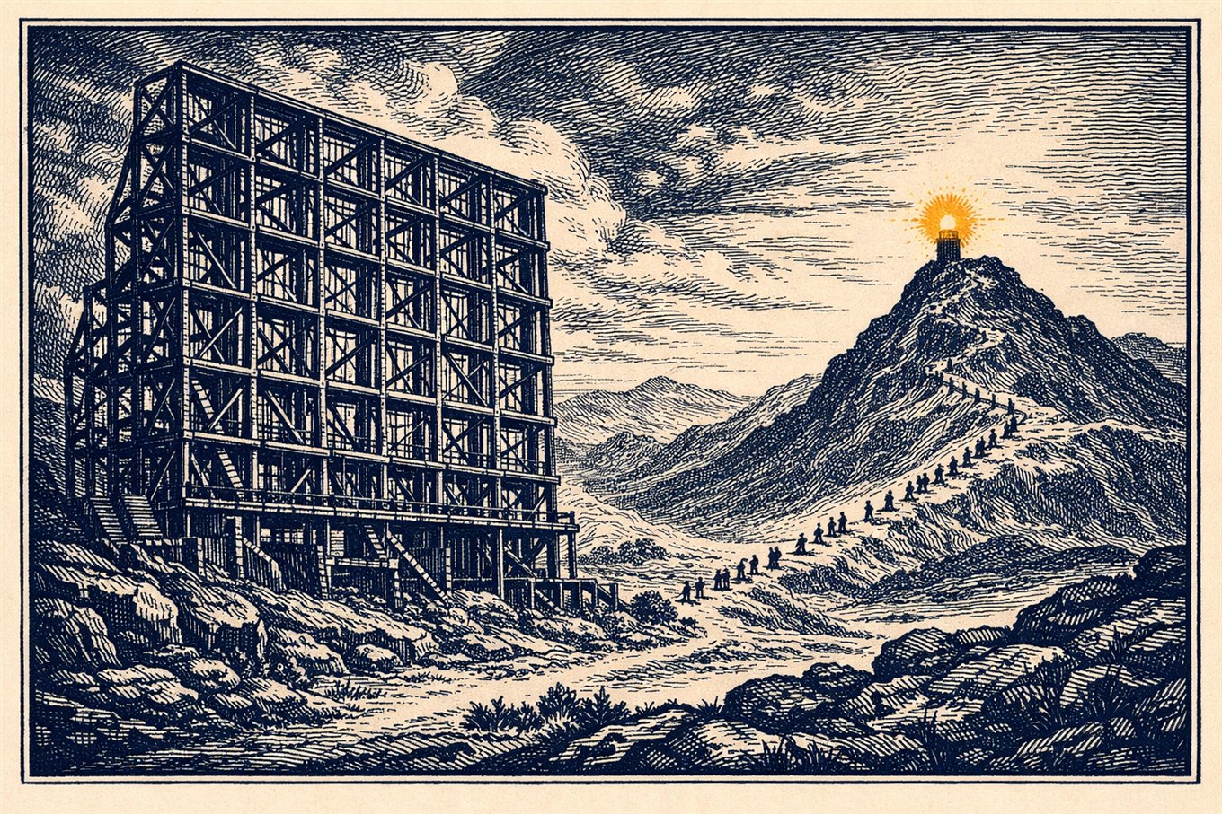 Wood-engraving illustration of an empty billboard scaffold beside a small amber beacon on a peak that figures climb toward, symbolising earned media building trust over paid media