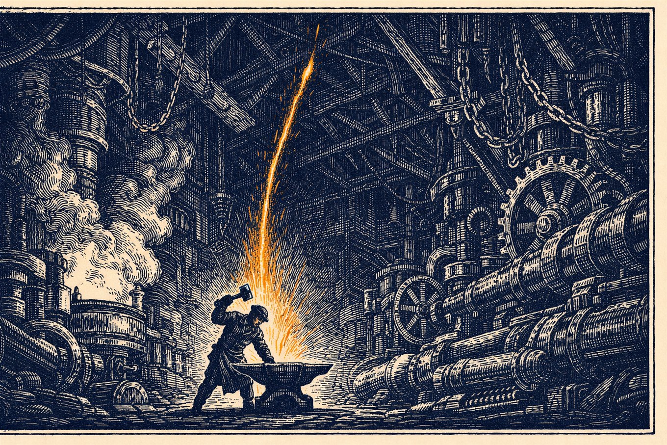 Wood-engraving illustration of a blacksmith striking an anvil with a single amber spark leaping into a vast dark forge, symbolising the power of ideation in PR