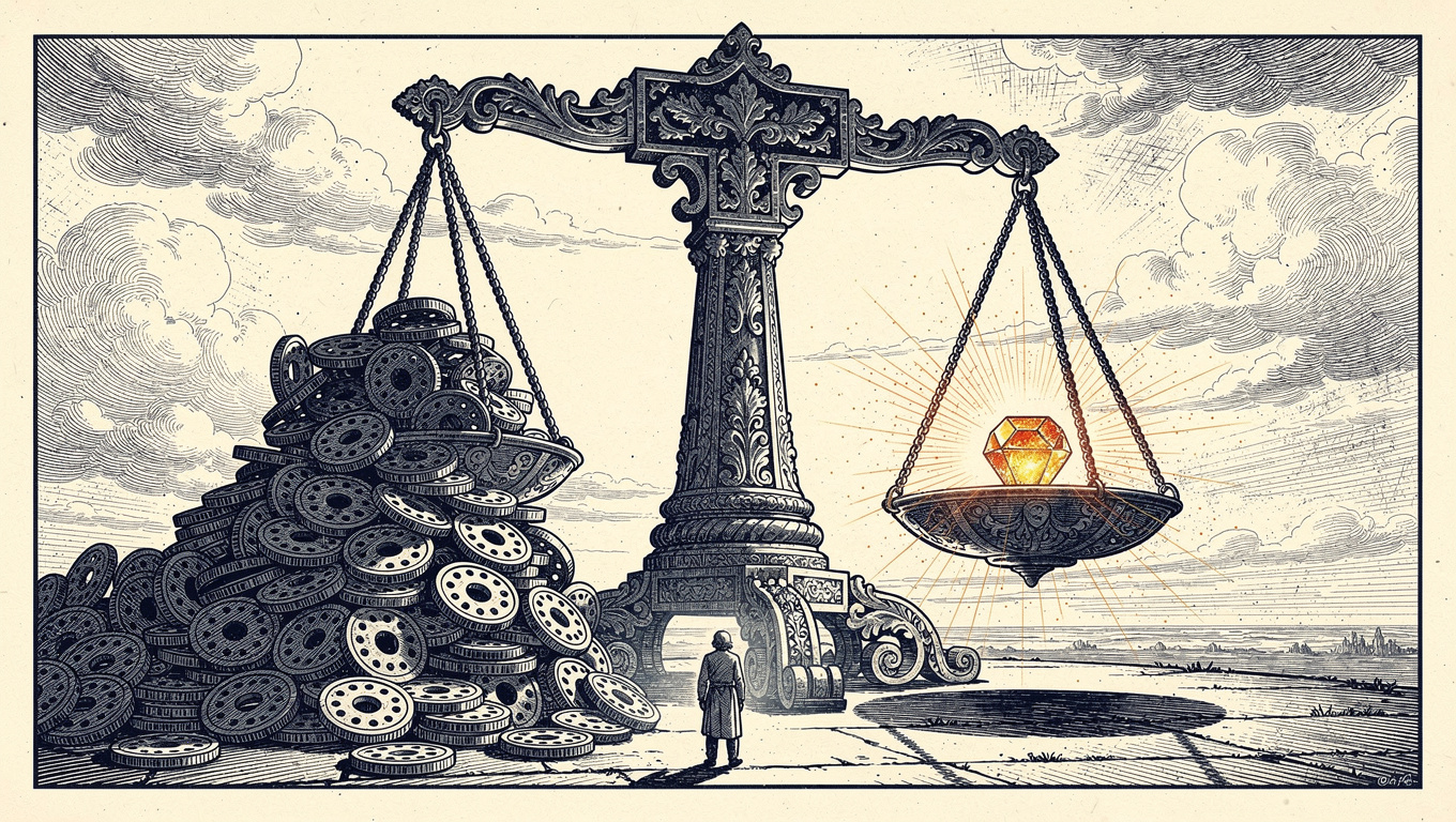 Wood-engraving illustration of a giant balance scale outweighing a heap of hollow coins with a single amber gem, symbolising measuring real PR value beyond vanity metrics