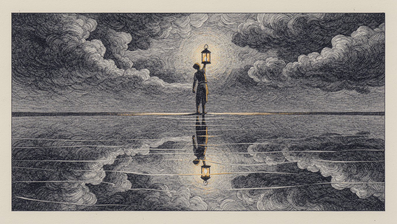 Wood-engraving illustration of a figure holding an amber lantern at the edge of a still reflecting pool gazing at their reflection, symbolising managing your online reputation