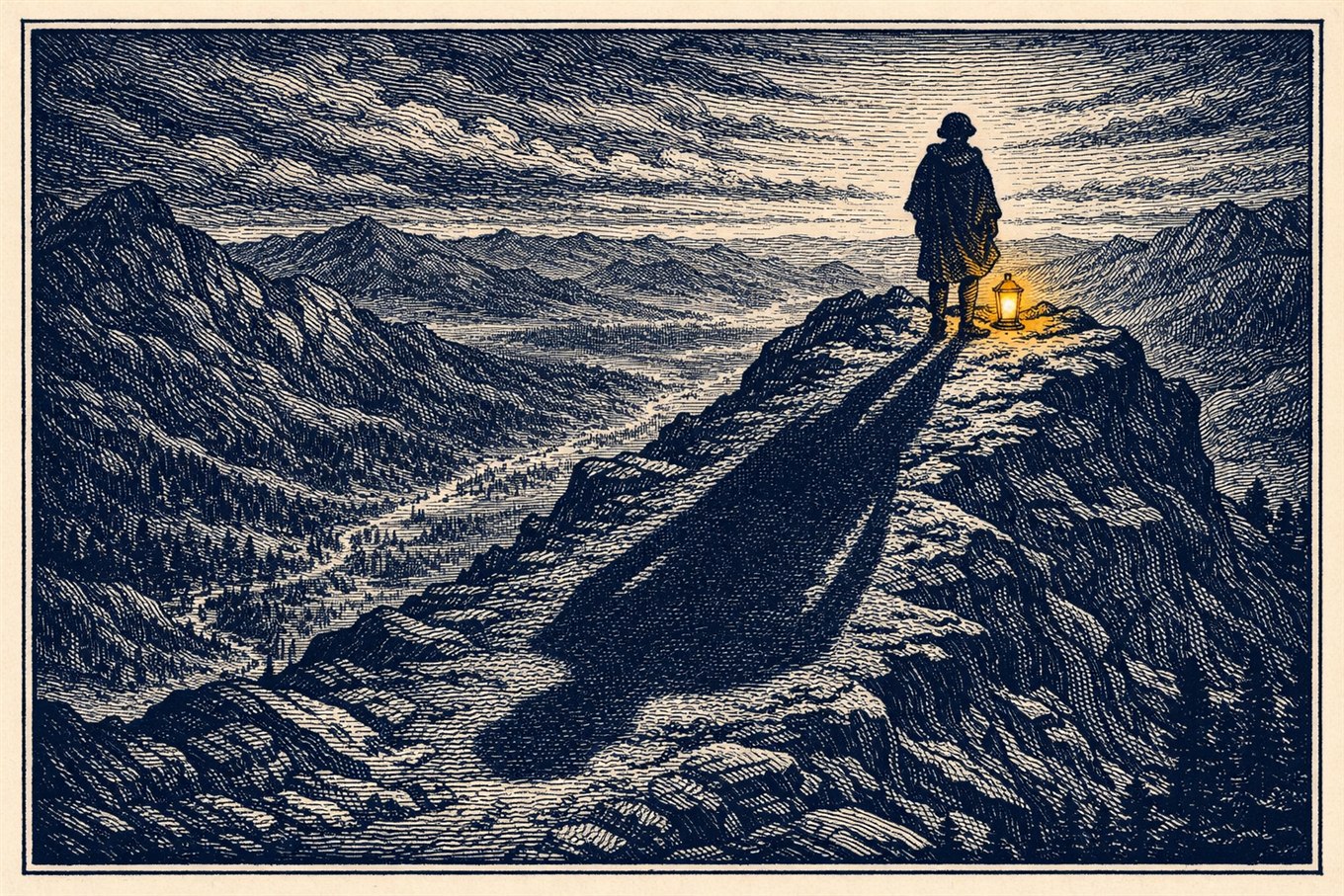 Wood-engraving illustration of a lone figure on a peak casting a vast shadow across the valley with an amber lantern at their feet, symbolising a CXO personal brand