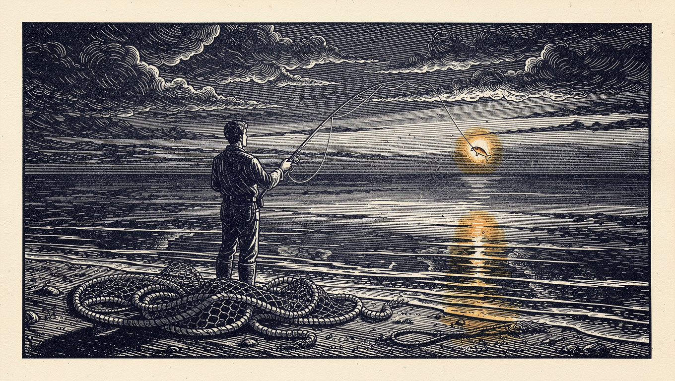 Wood-engraving illustration of a figure casting a single amber lure beside a discarded tangled net, symbolising targeted relationship-building over spray-and-pray pitching
