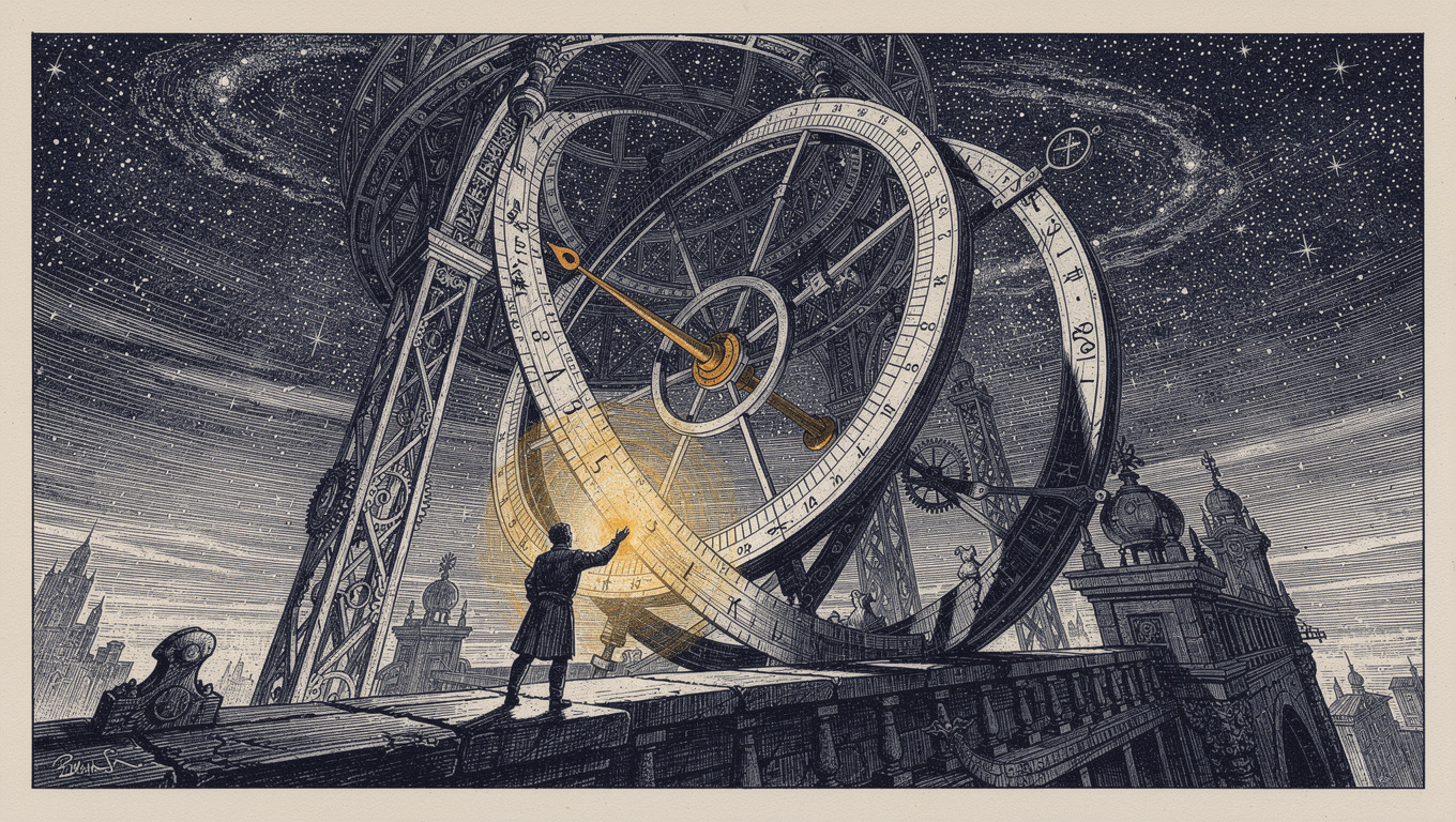 Wood-engraving illustration of a figure reading a giant astrolabe with a single amber pointer under a starlit sky, symbolising measuring the PR metrics that matter in an AI search world