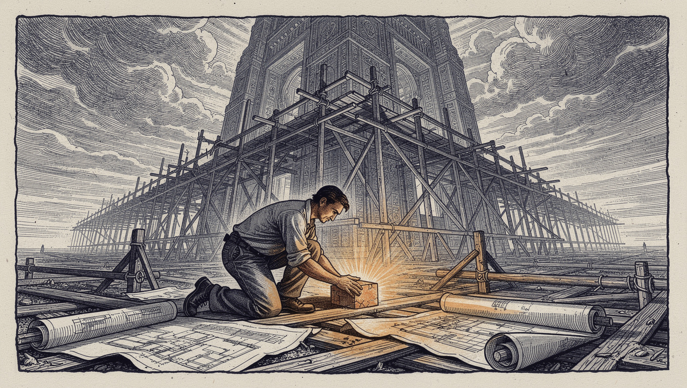 Wood-engraving illustration of a figure setting a single glowing amber cornerstone at the foot of a vast rising structure, symbolising building a PR strategy from the foundation up