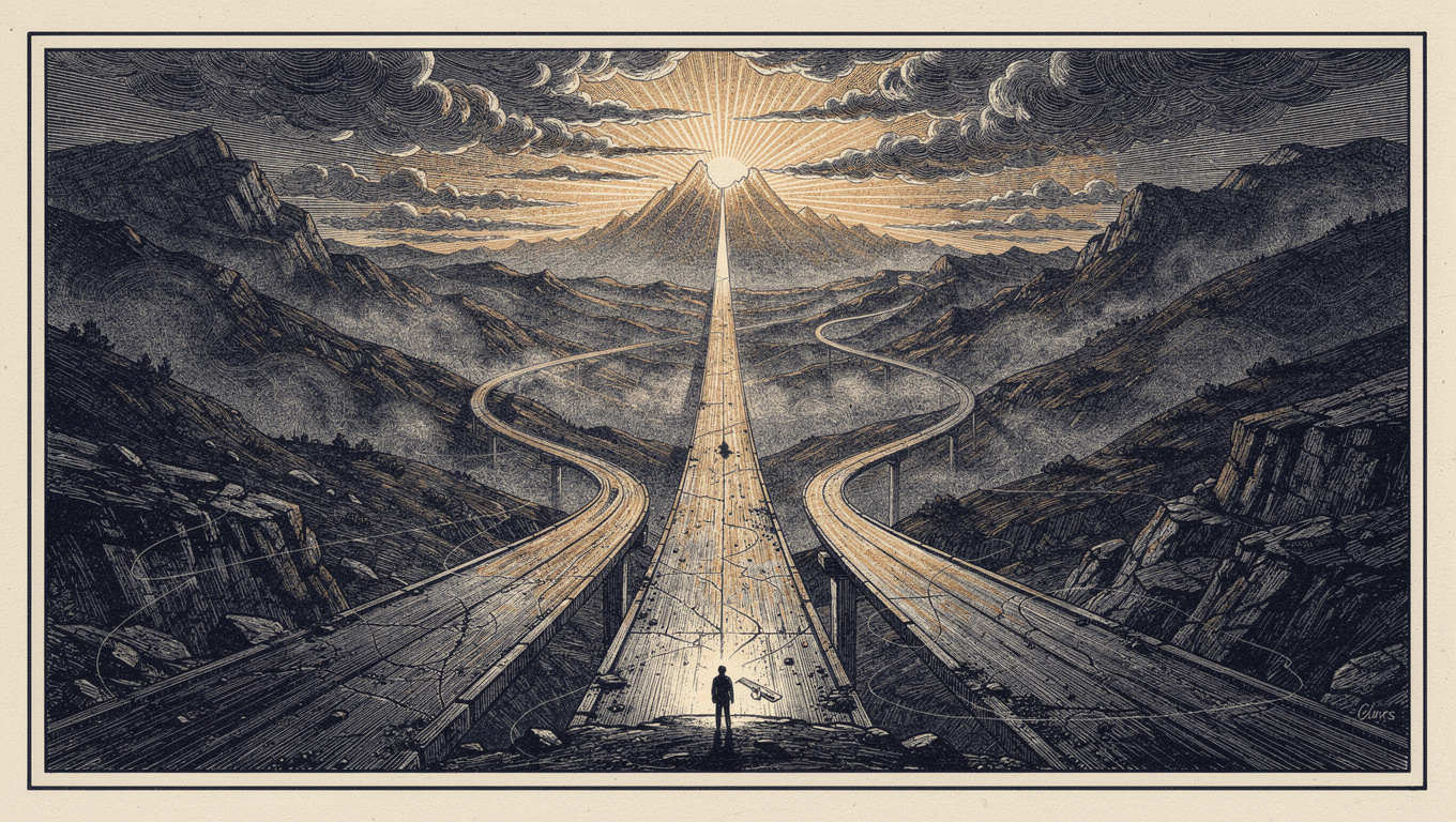 Wood-engraving illustration of three diverging roads with the credible central path lit amber toward a summit, symbolising public relations as the trust-building path among marketing and advertising