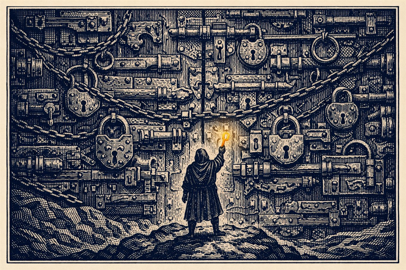 Wood-engraving illustration of a figure raising a single amber key before a vast wall of locks, symbolising the power of asking the right questions in PR