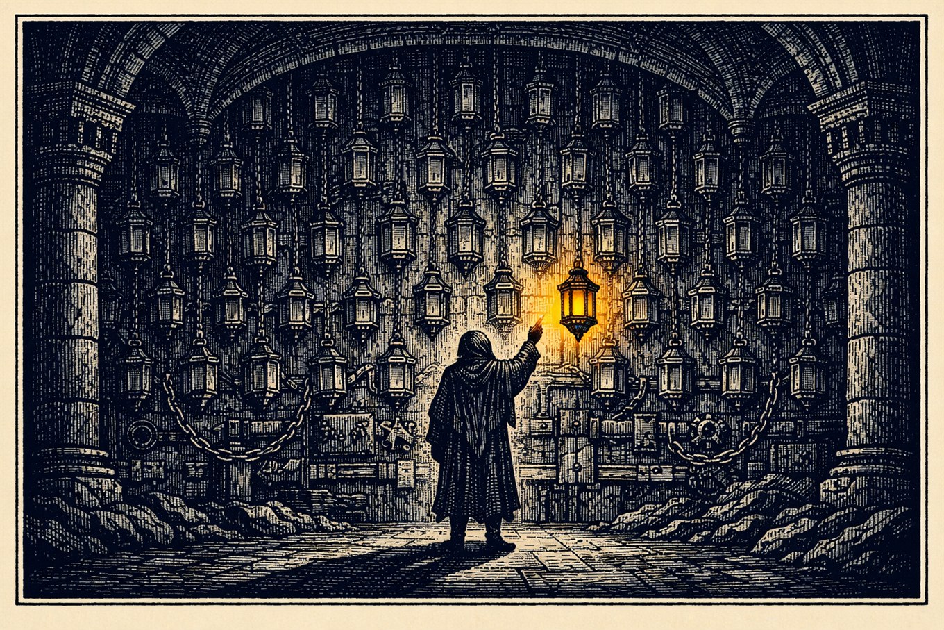 Wood-engraving illustration of a figure before a wall of dark lanterns reaching for the one lit amber, symbolising choosing the right PR agency