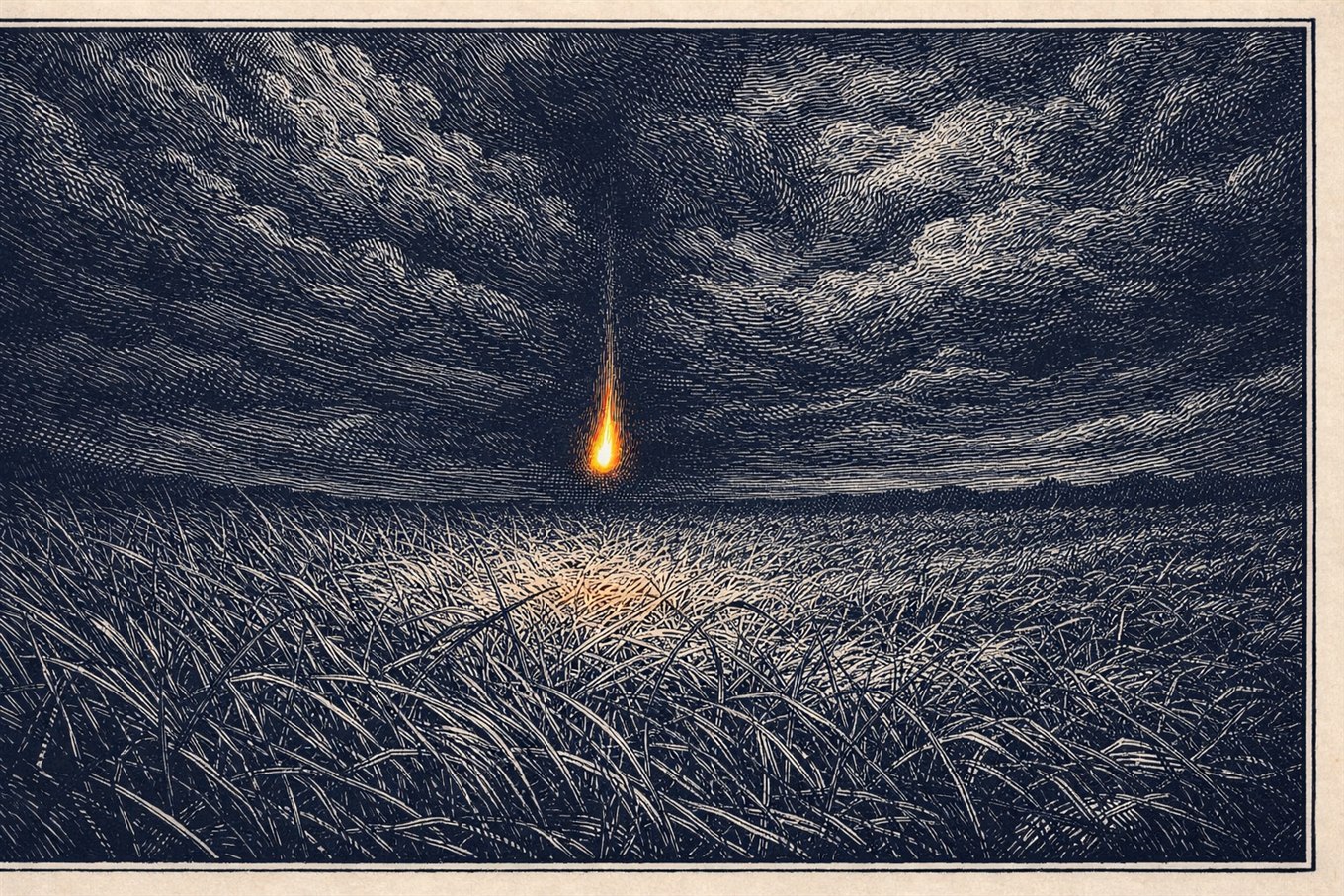 Wood-engraving illustration of a single amber ember falling toward a vast dry field before it spreads, symbolising a social media crisis