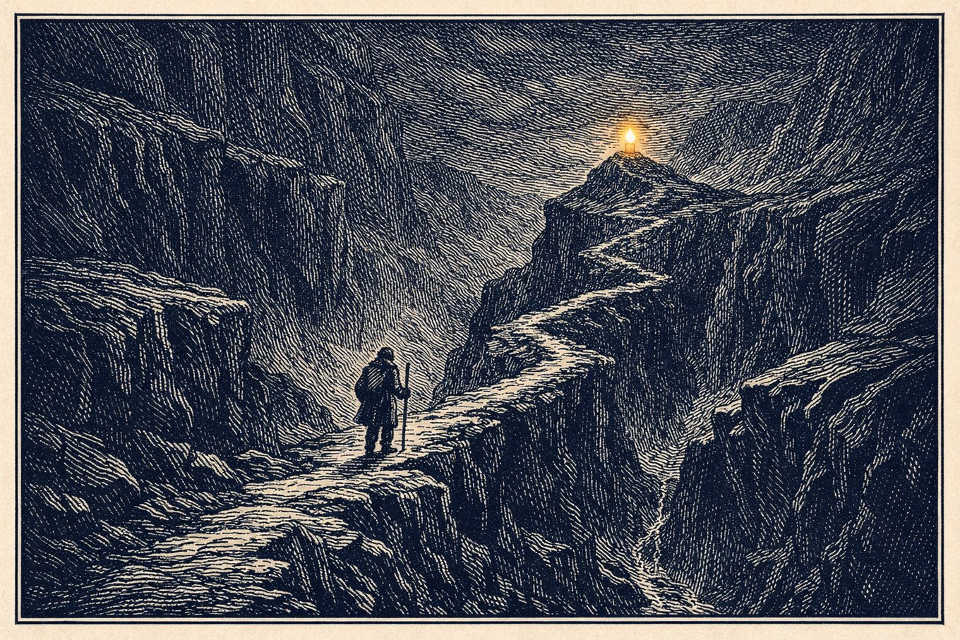 Wood-engraving illustration of a lone figure on a narrow path past dark chasms toward a single amber waypoint, symbolising avoiding common startup PR mistakes