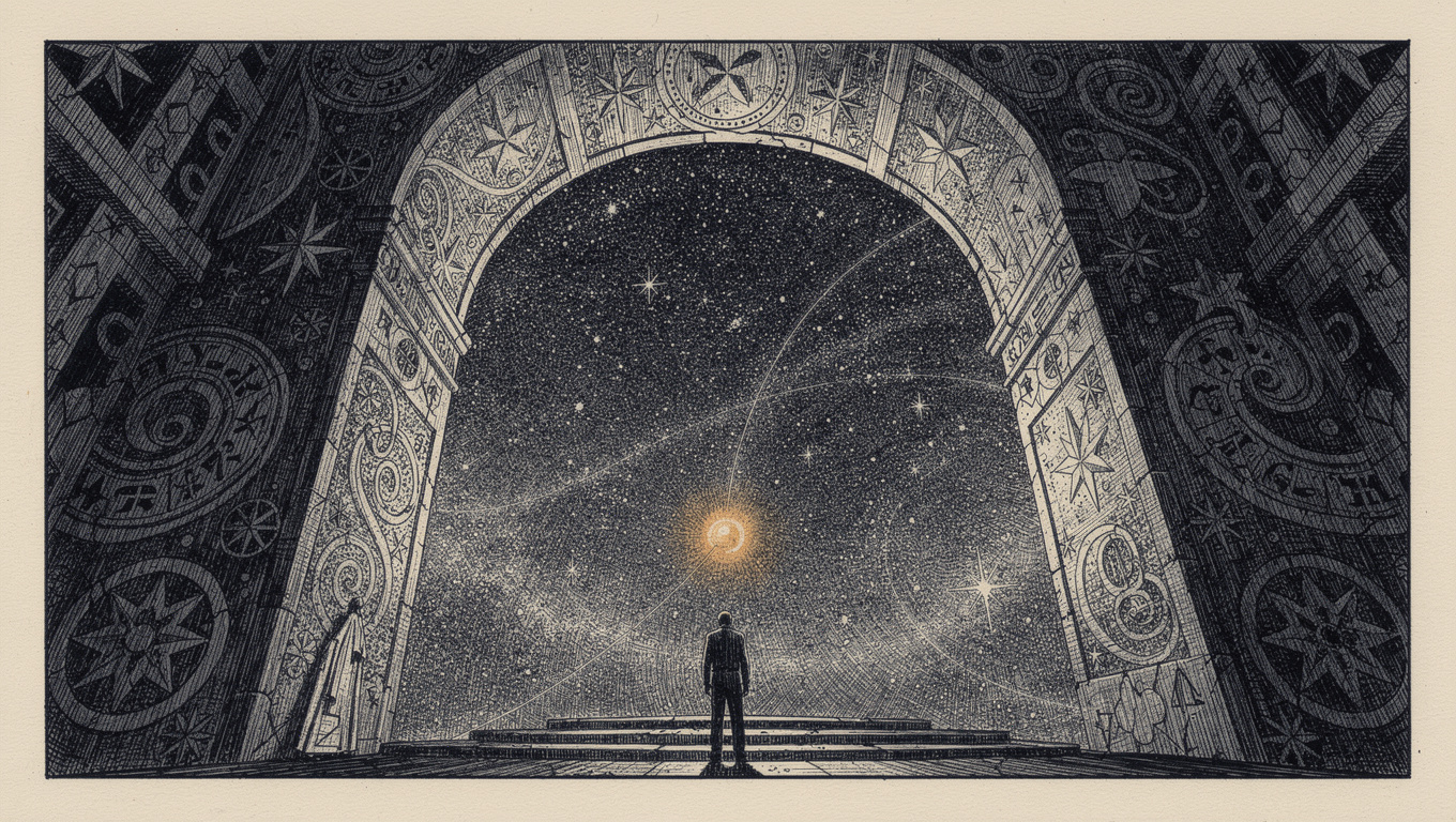 Wood-engraving illustration of a figure before a vast oracle archway of stars with a single amber point of light surfaced before them, symbolising a brand surfaced in AI-generated answers
