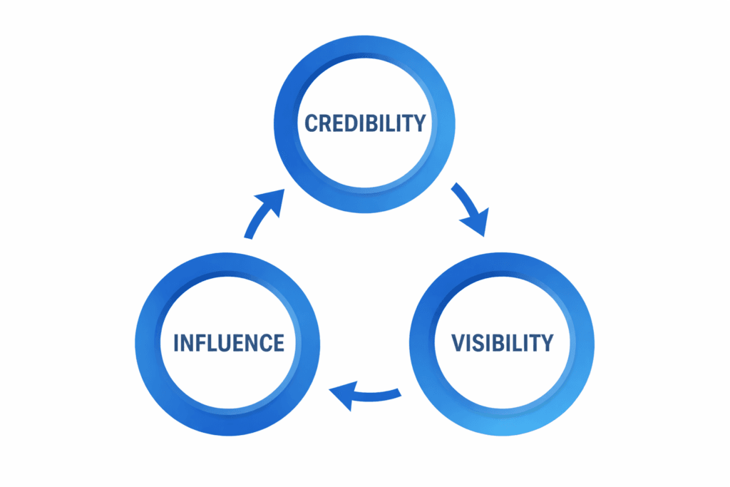 Credibility flywheel representing the interlinkages between Credibility, Visibility and Influence